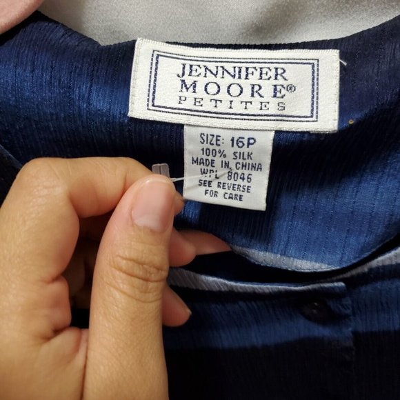 Jennifer Moore 100% Silk Shirt Woman Size 16 Petite  Blue stripes button boho - Picture 2 of 12